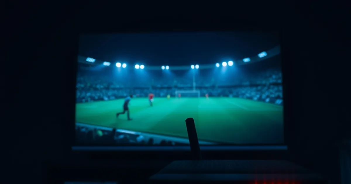 A dark home theater at night with a television displaying a sharp live soccer match and a streaming box glowing in the foreground.