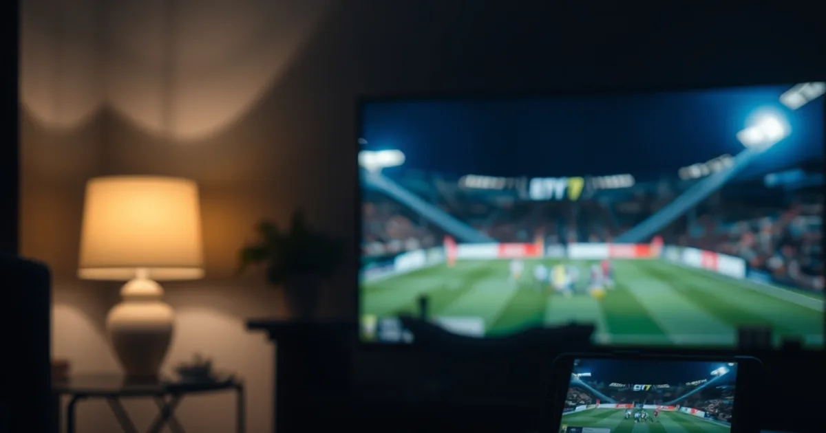 A Roku streaming stick connected to a TV in a dark room, with a smartphone nearby casting a live football match via a glowing wireless connection