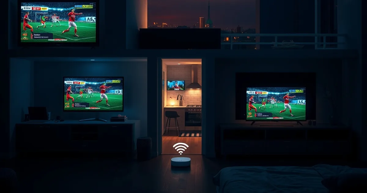 Dark cinematic view of a home at night with football broadcasts playing simultaneously on screens in three different rooms, connected by a glowing router
