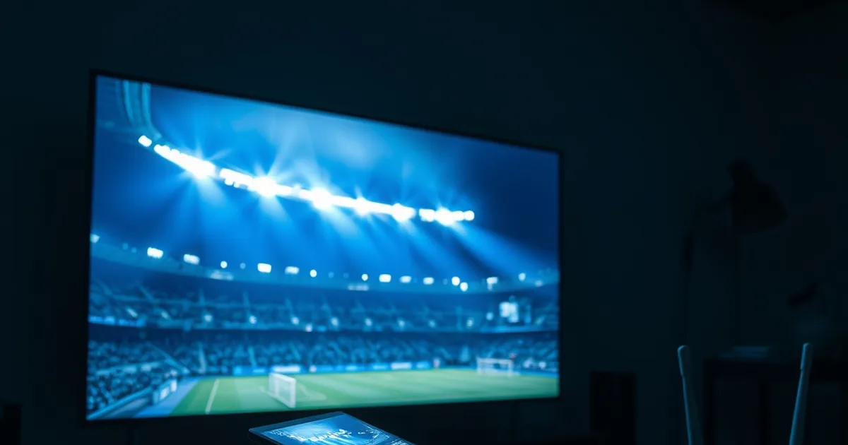 Dark home theater setup with a TV and a tablet both glowing with live football match light, an Ethernet cable running to a router in the background