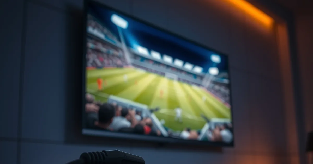 An Ethernet cable being connected to a streaming device under a TV showing a live football match, dark cinematic lighting