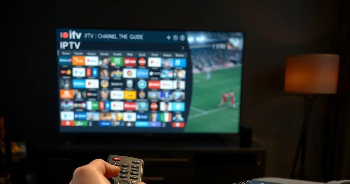 A dim home theater at night, a hand holding a remote in the foreground, a large TV screen split between a dense IPTV channel guide grid on one side and a live football match on the other, a small tally notepad with handwritten checkmarks and crossed-out numbers resting on the armrest.