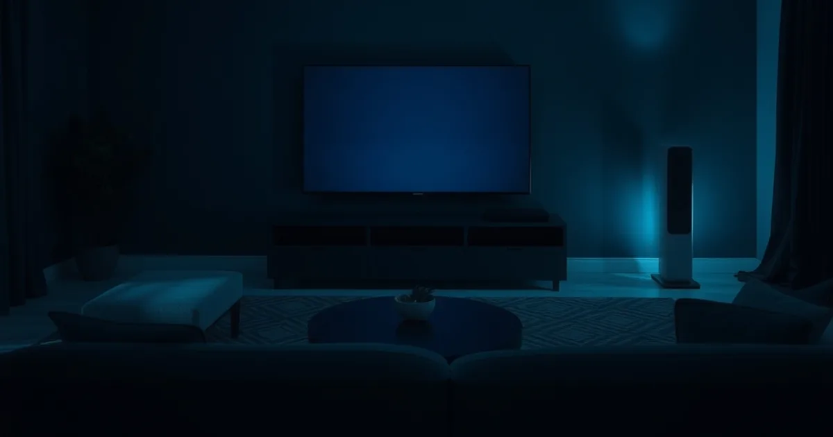 A glowing smart TV screen illuminating a dark, premium living room at night