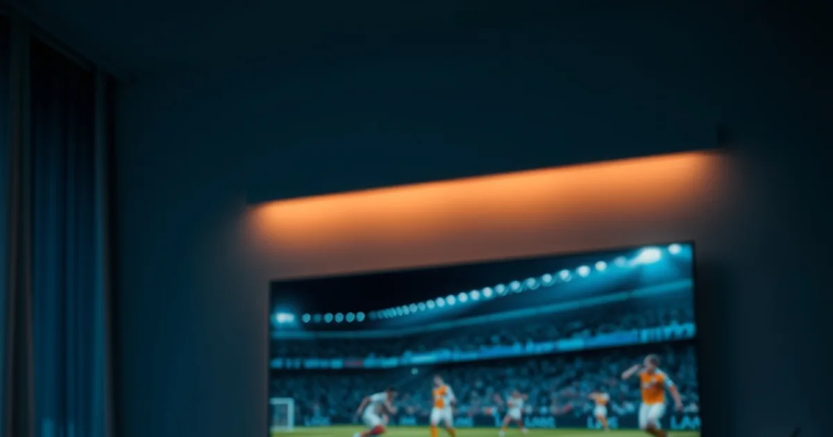 A dark living room with a TV showing a live football match and a subtle glowing timer, evoking split-second streaming latency