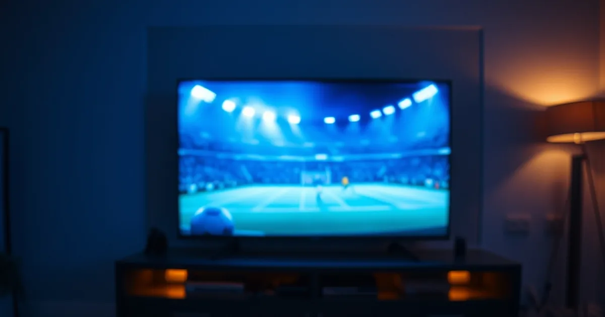 A dark, modern living room at night lit by the glow of a TV showing a live football broadcast, with a streaming device and phone on the console table in the foreground