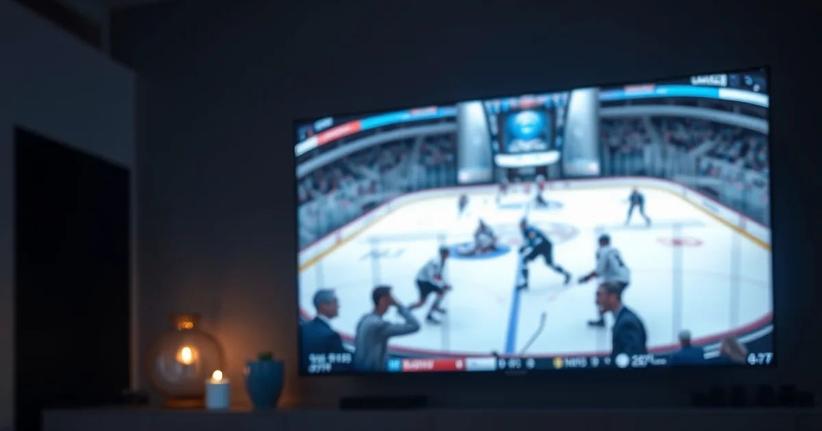 A dark modern living room at night: a large wall-mounted 4K TV plays a crisp, buffer-free live hockey broadcast, while an Nvidia Shield TV streaming box and a Chromecast dongle sit side by side on a media console in the foreground, both connected to an HDMI switch, soft blue ambient light, a remote control resting nearby, conveying a hands-on device-versus-device IPTV stability comparison test